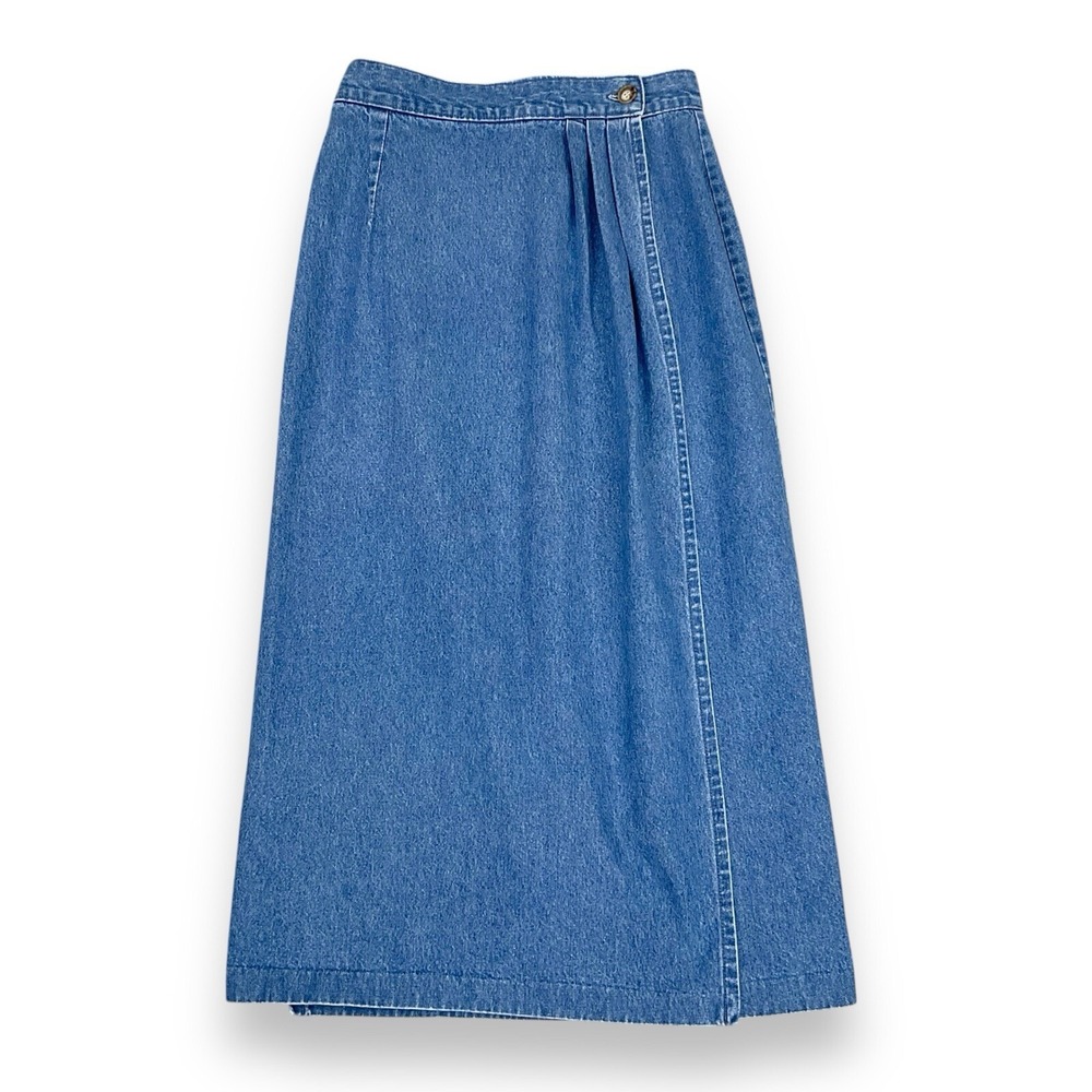 Willowbend Skirt Women 10 Blue Denim Midi Wrap Vintage Pleated Button USA